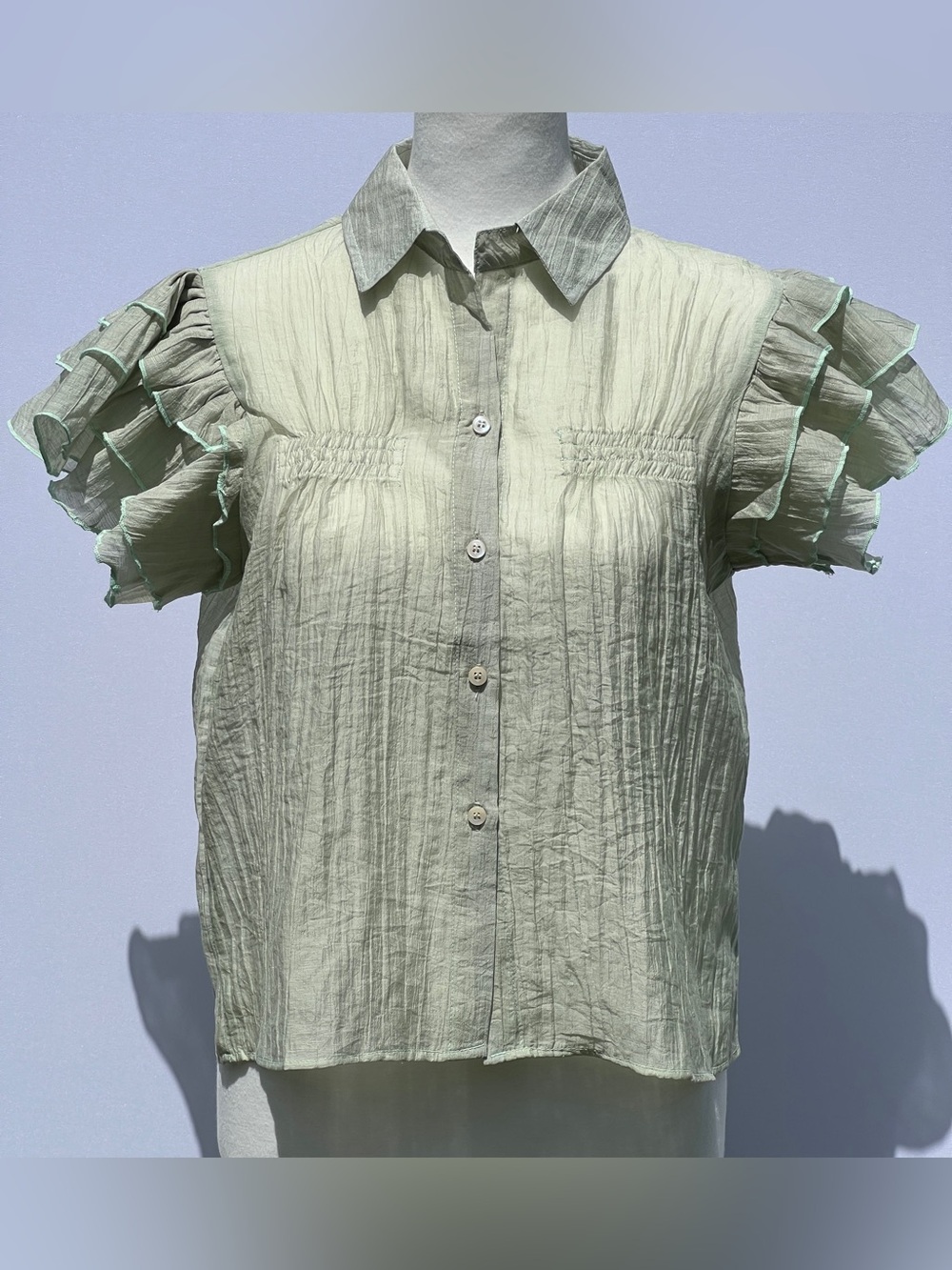 H Collection 100% Cotton Green Ruffled Flutter Short Sleeve Textured Blouse